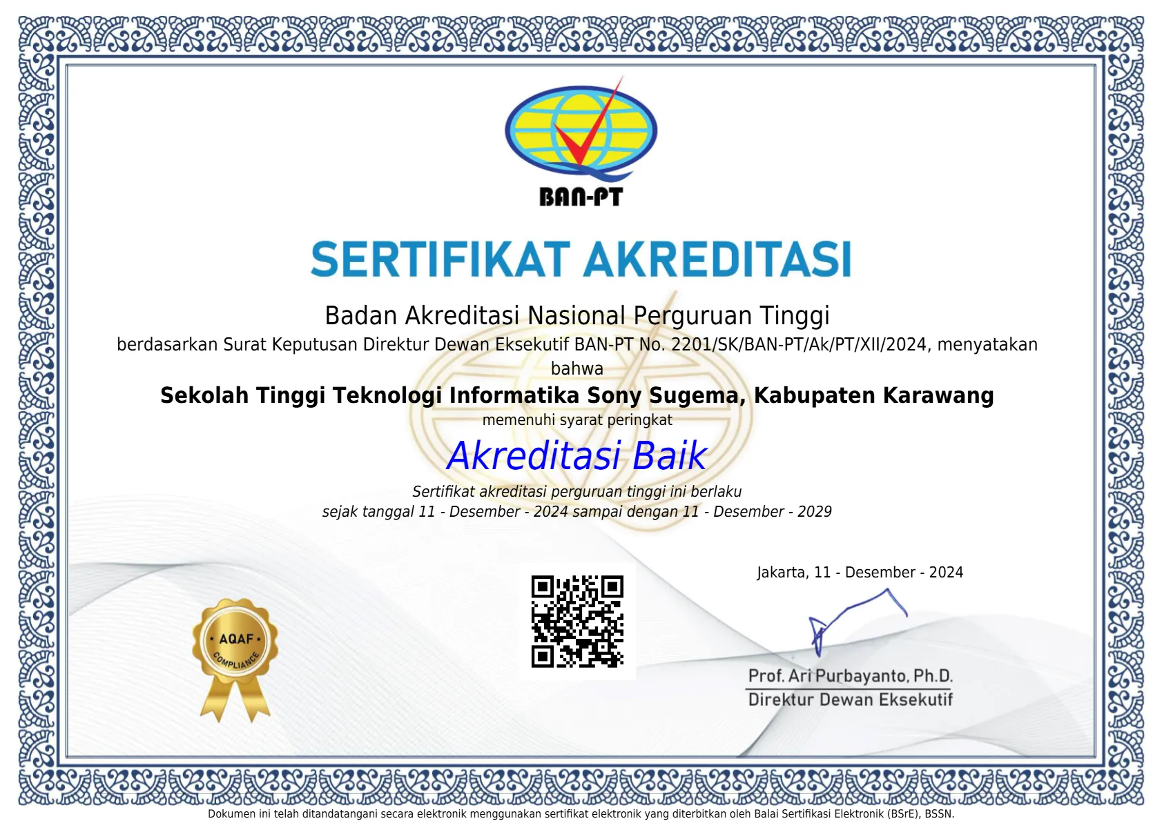 Sertifikat Akreditasi Kampus STTI Sony Sugema