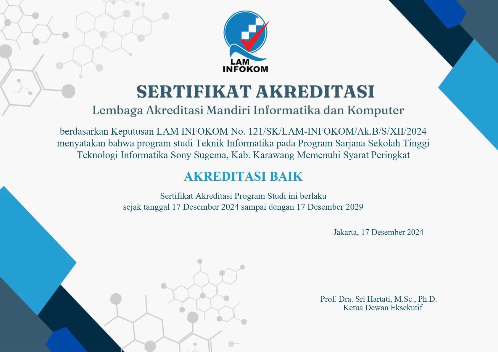 Sertifikat Akreditasi Program Studi STTI Sony Sugema