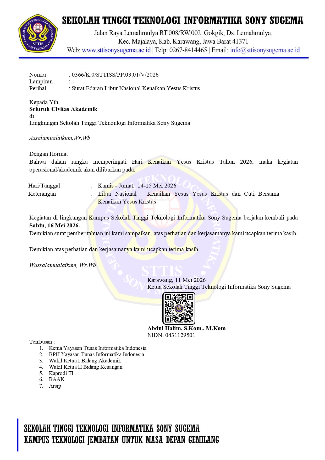 Pengumuman Nomor: 0366/K.0/STTISS/PP.03.01/V/2026 Surat Edaran Libur Nasional Kenaikan Yesus Kristus